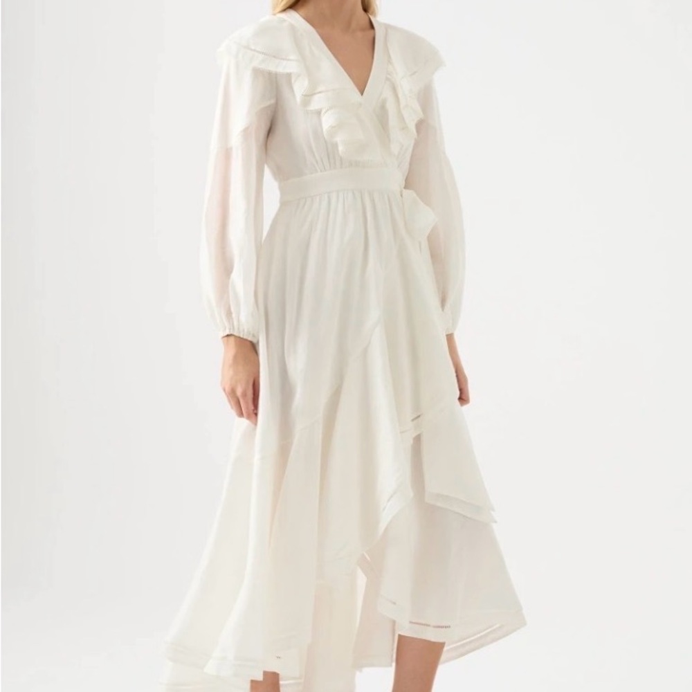 Aje White Long Sleeve Ruffled V-Neck Midi Dress